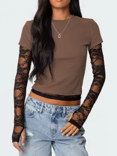 Sexy Women's Fake Two-piece Long Sleeve Crew Neck T-shirt - Camel - View 1