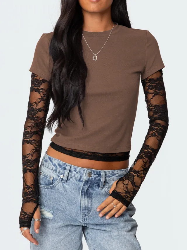 Sexy Women's Fake Two piece Long Sleeve Crew Neck T shirt Camel - Shop at LoveMi