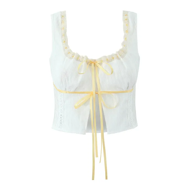 Vacation Style 2 piece French Contrast Color Ribbon Vest Small Top High Waist Lace Trim Skirt Lj6614 Vest L - Shop at LoveMi
