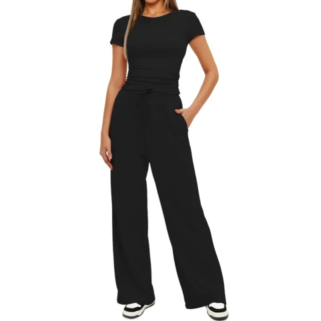Fashion Casual Set Pleated Short Sleeves Top And Trousers Black - Shop at LoveMi