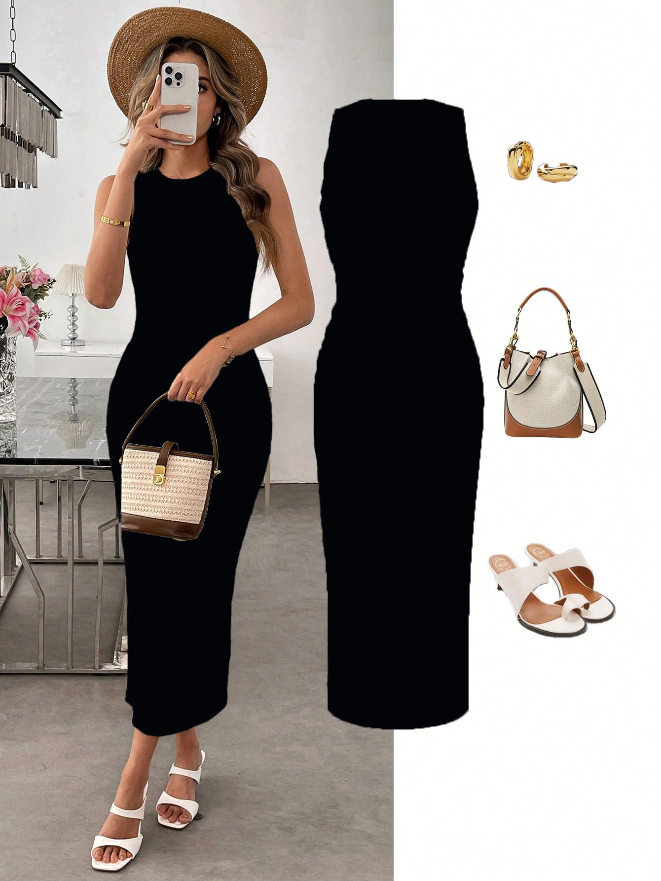 Vacation Style Short Sleeve Slit Slim fitting Dress Black - Shop at LoveMi