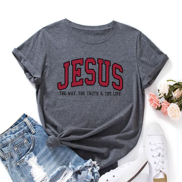 Women's JESUS Printed Loose Round Neck Short Sleeve T shirt Dark Gray - Shop at LoveMi