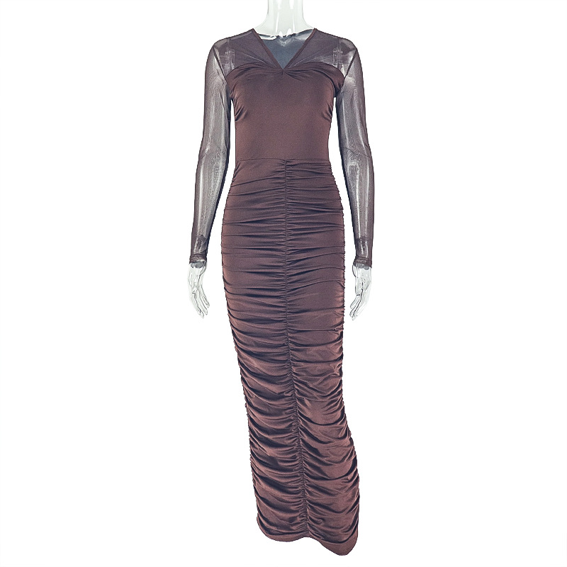 Women's Trendy Solid color V neck Long sleeve Dress Brown - Shop at LoveMi