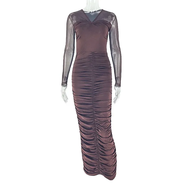 Women's Trendy Solid color V neck Long sleeve Dress Brown - Shop at LoveMi