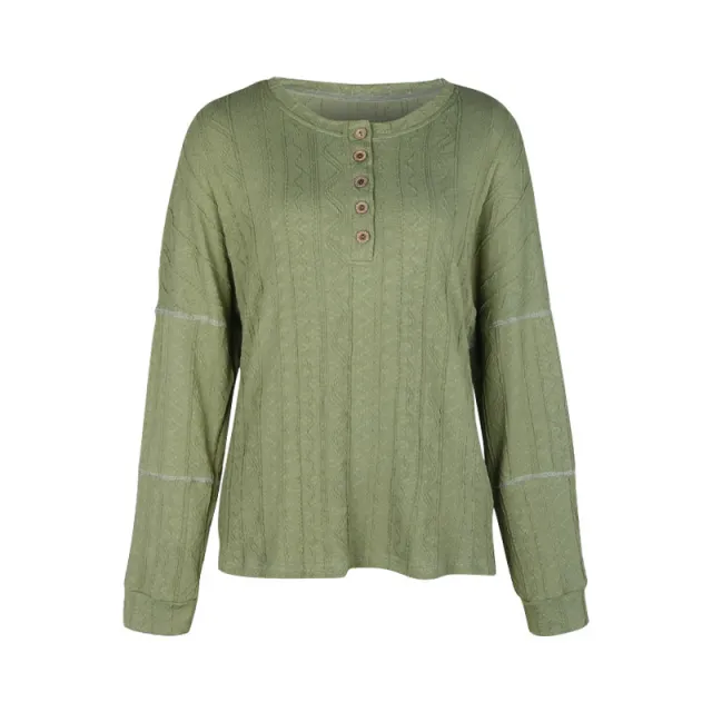 Crew Neck Casual Green Button Jacquard Sweater Green - Shop at LoveMi