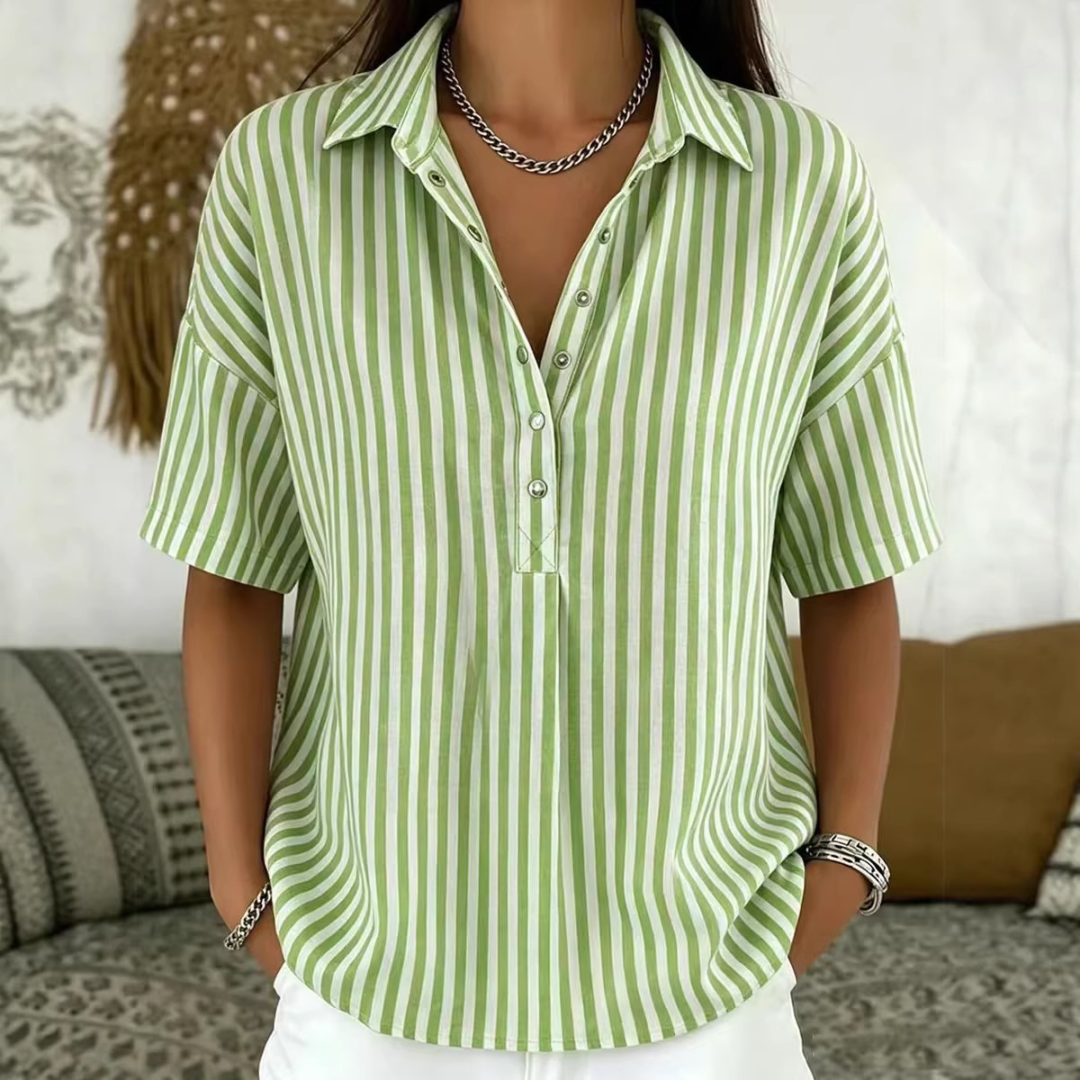 Women's Fashion Casual Striped Short-Sleeve Shirt With Lapel Collar