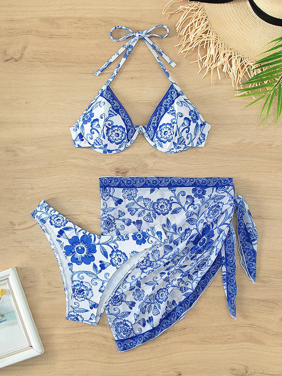 New Blue And White Porcelain Printed Bikini Sexy Adjustable Lace Up - Image 8