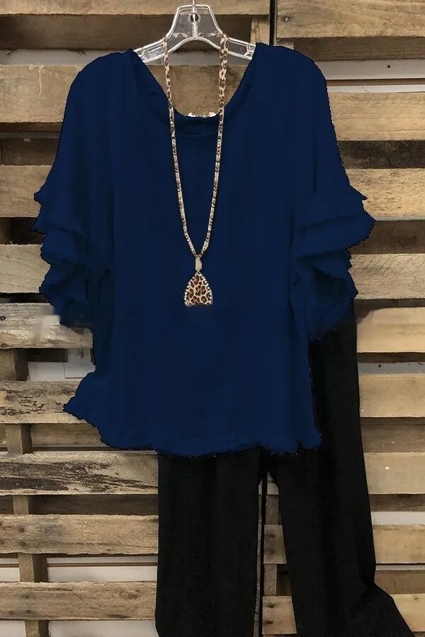 European And American Loose Plus Size Ruffle Sleeve T shirt Top Navy Blue - Shop at LoveMi