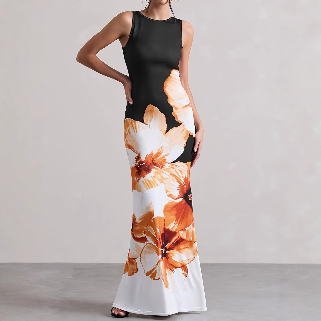 Fashionable Floral Print Elegant Slim-fit Plus-size Tank Dress