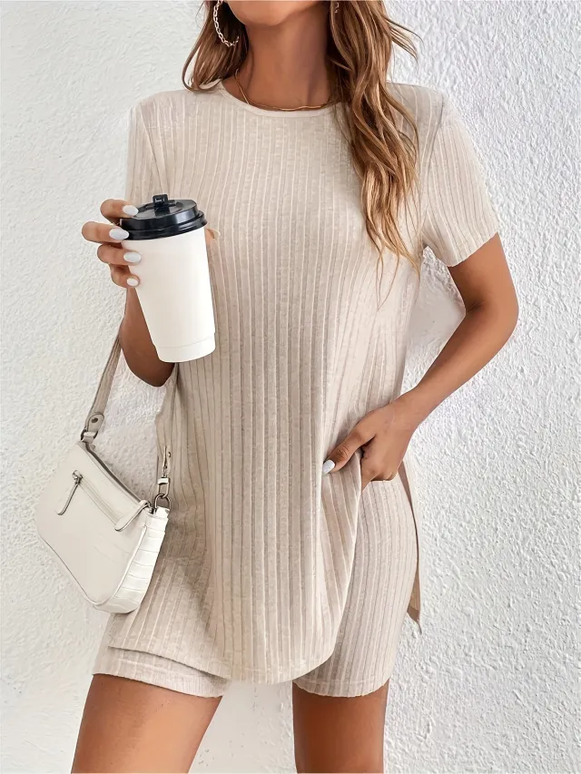 Fashion Casual Crew Neck Split Home Wear Short Sleeve Shorts Suit Khaki - Shop at LoveMi