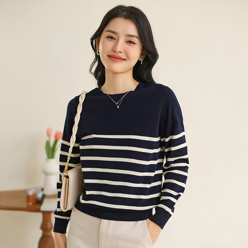 Women's Fashionable Round Neck Striped Cotton Sweater Navy Blue - Shop at LoveMi