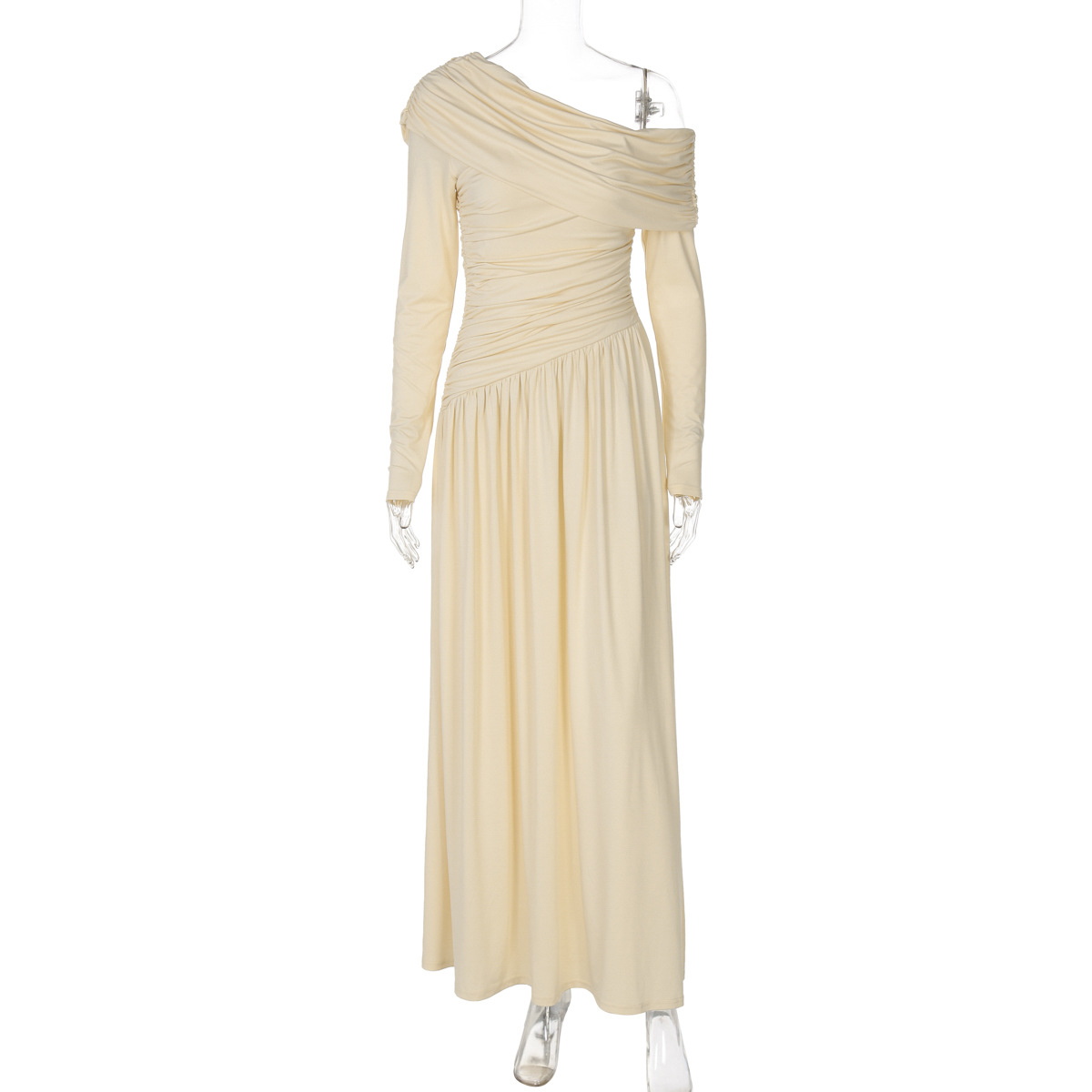 Women's Fashion Sexy Diagonal Collar Pleated Waist Tight Solid Color Dress Apricot - Shop at LoveMi