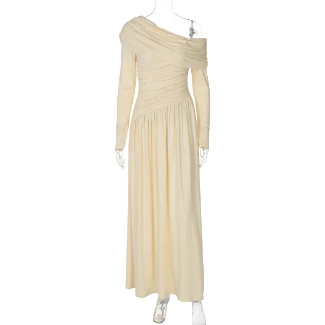Women's Fashion Sexy Diagonal Collar Pleated Waist Tight Solid Color Dress Apricot - Shop at LoveMi