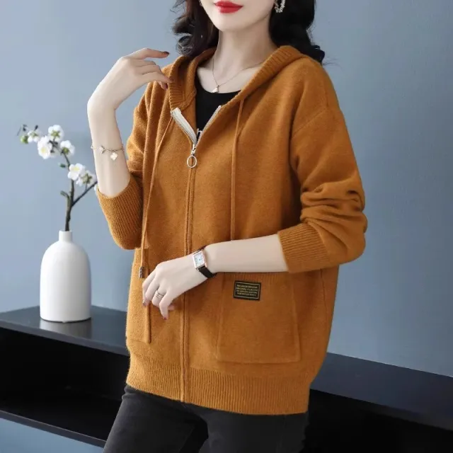 Knitwear Hooded Sweater Coat Women's Loose Zip Knitted Cardigan Yellow - Shop at LoveMi