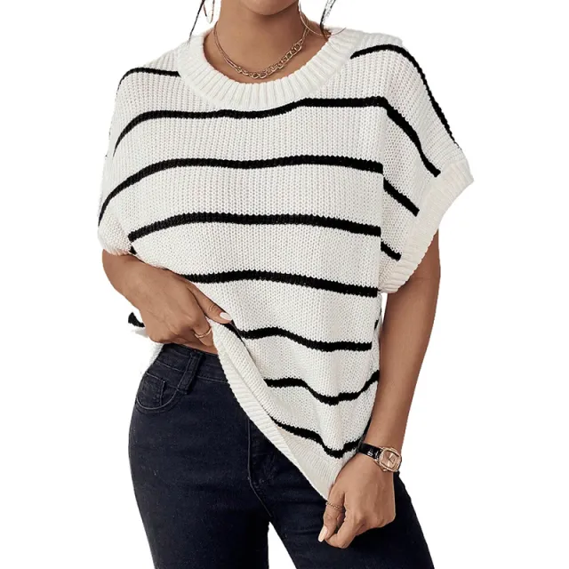 Striped Wool Round Neck Contrast Drop Shoulder Sweater With Short Sleeves Lc2724402P119 - Shop at LoveMi