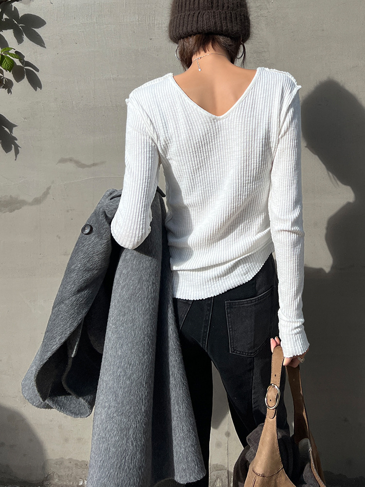 Long Sleeve T shirt Bottoming Shirt Short Inner V neck Top White - Shop at LoveMi