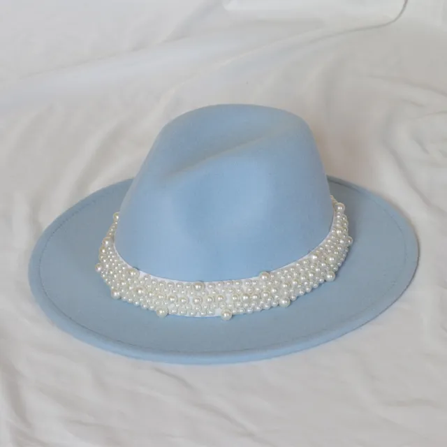 Handmade Pearl Top Hat Big Brim Fur Felt Hat Sky Blue - Shop at LoveMi