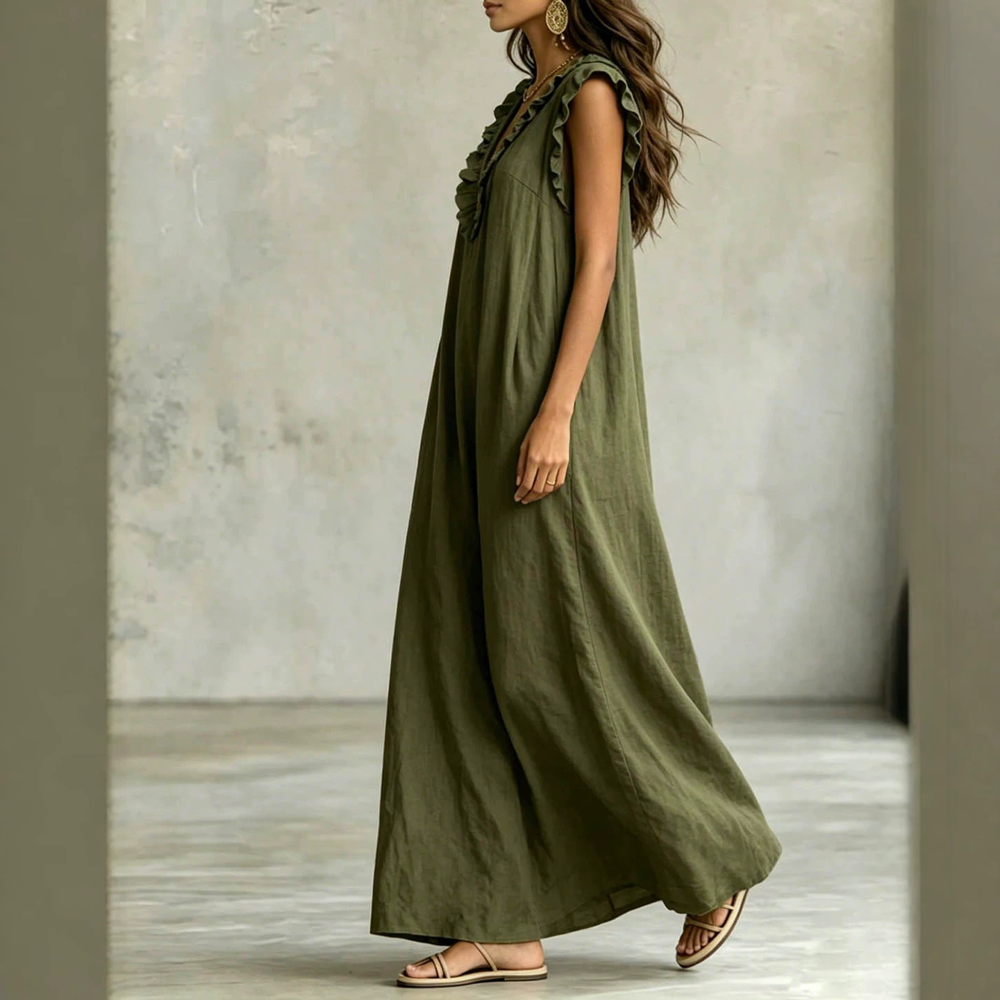Robe ample femme col V à volants
