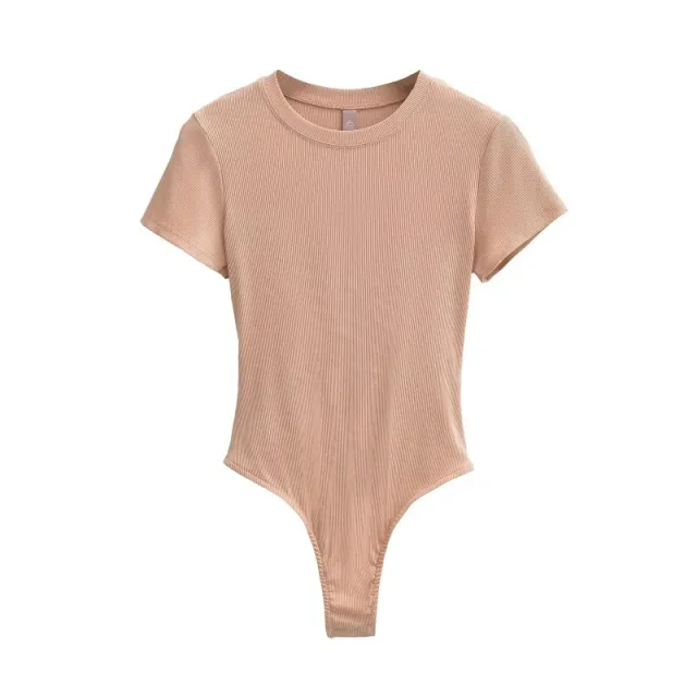 Neck Short Sleeve Rompers Slim Fit Slimming T shirt Top Peach Color - Shop at LoveMi
