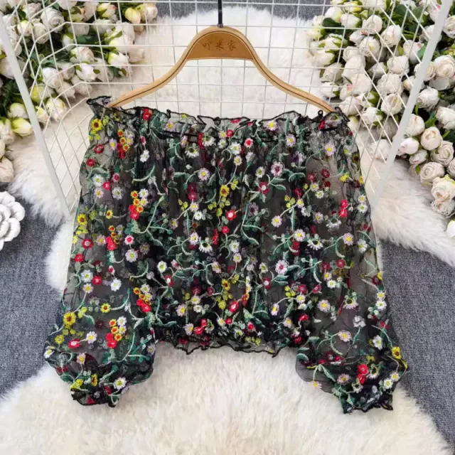 Pure Desire Fairy Tulle Embroidery Design Sense One shoulder Long Sleeve Shirt Black - Shop at LoveMi