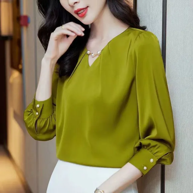 V neck Chiffon Shirt Bottoming Shirt Casual Loose Green - Shop at LoveMi