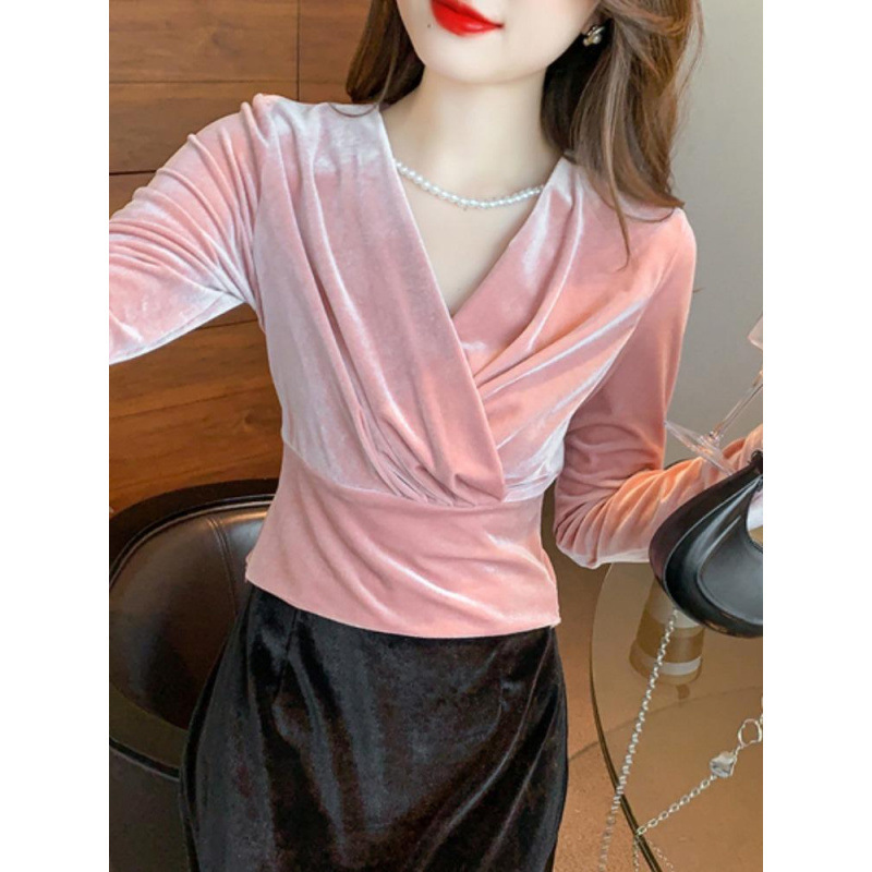 Designer Style V Neck Puffed-sleeve Cropped Base Top