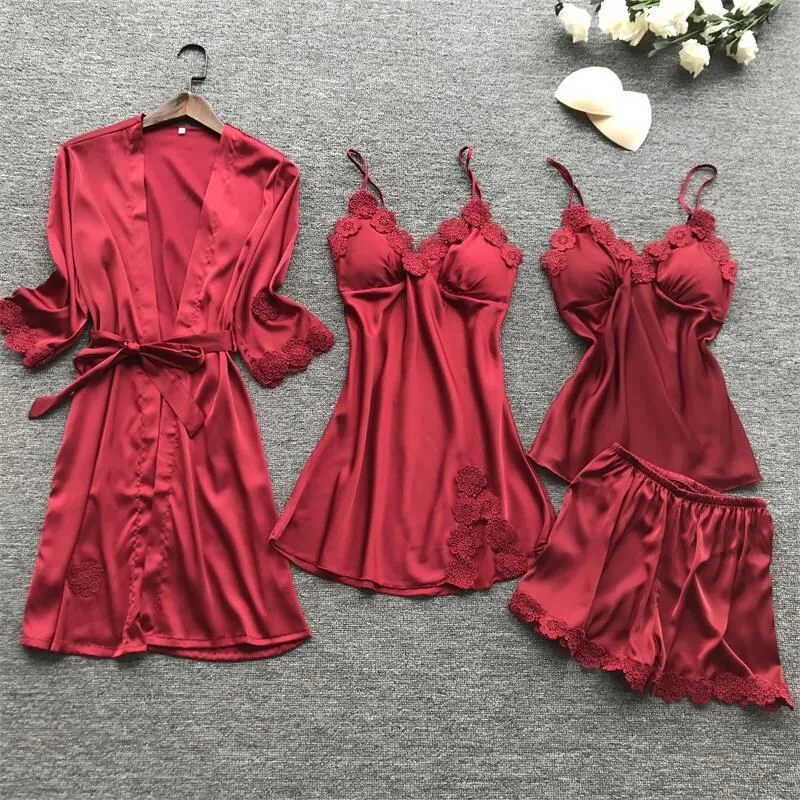 Women's Lace Sexy Lingerie Four-piece Set - Red