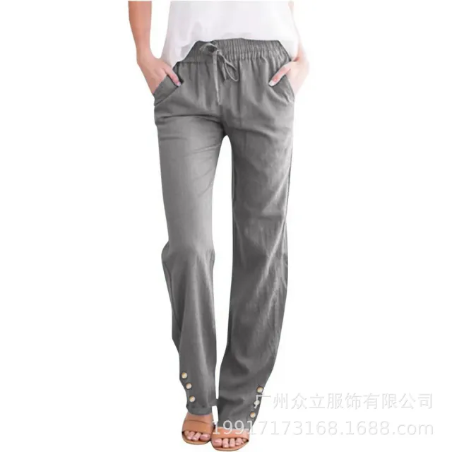 Solid Color Cotton And Linen Loose Drawstring Button Casual Wide leg Trousers Light Gray - Shop at LoveMi