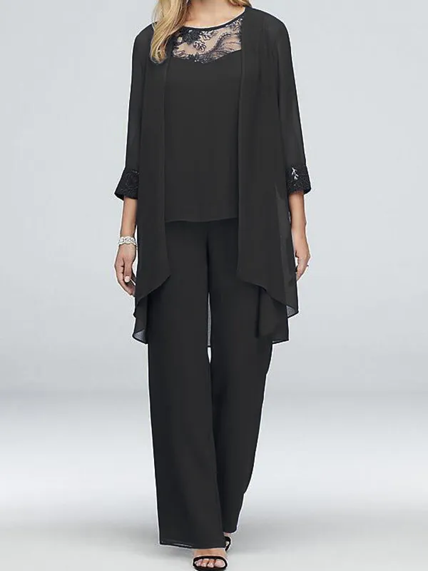 Round Neck Lace Chiffon Patchwork Cardigan Straight leg Pants Three piece Suit Black - Shop at LoveMi
