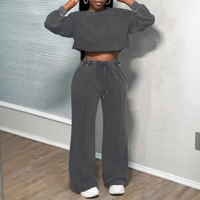 Womens Solid Color Loose Wide Leg Pants And Long Sleeve Top Set Gray - Shop at LoveMi