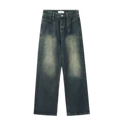 Antique Dark Blue Yellow Mud Colour Washed Distressed Straight Jeans - Blue - View 1