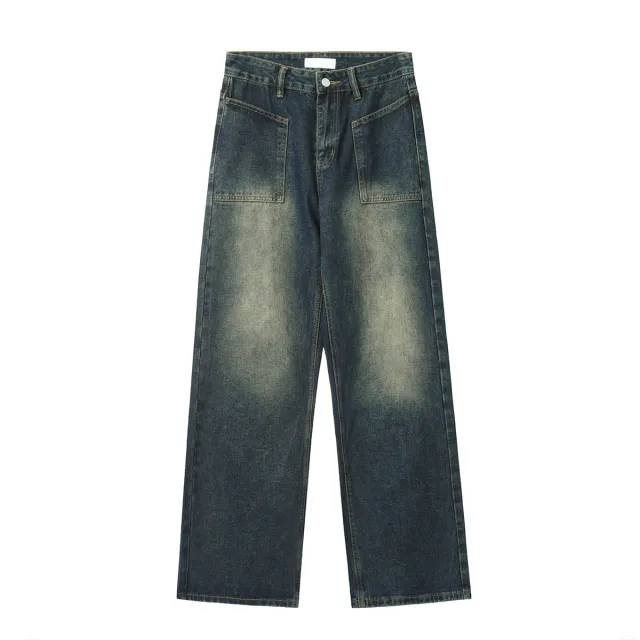 Antique Dark Blue Yellow Mud Color Washed Distressed Straight Jeans Blue - Shop at LoveMi