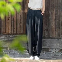 Women's Loose Casual Cotton And Linen Elegant Harem Pants - Black - View 1