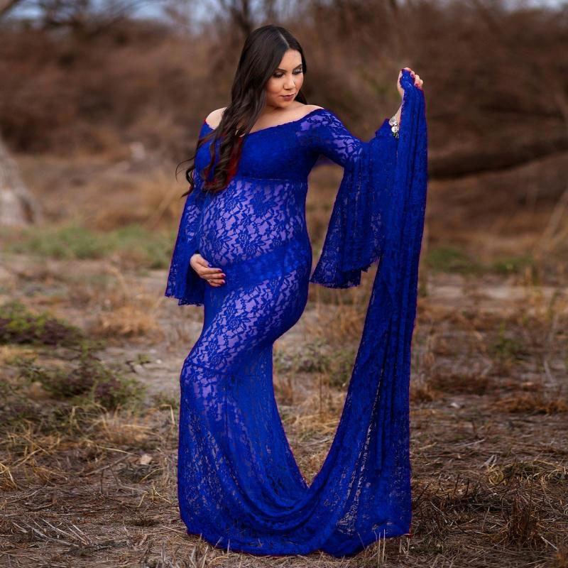 Women's V-neck Horn Long Lace Super Long Tail Pregnant Women Floating Long Dress