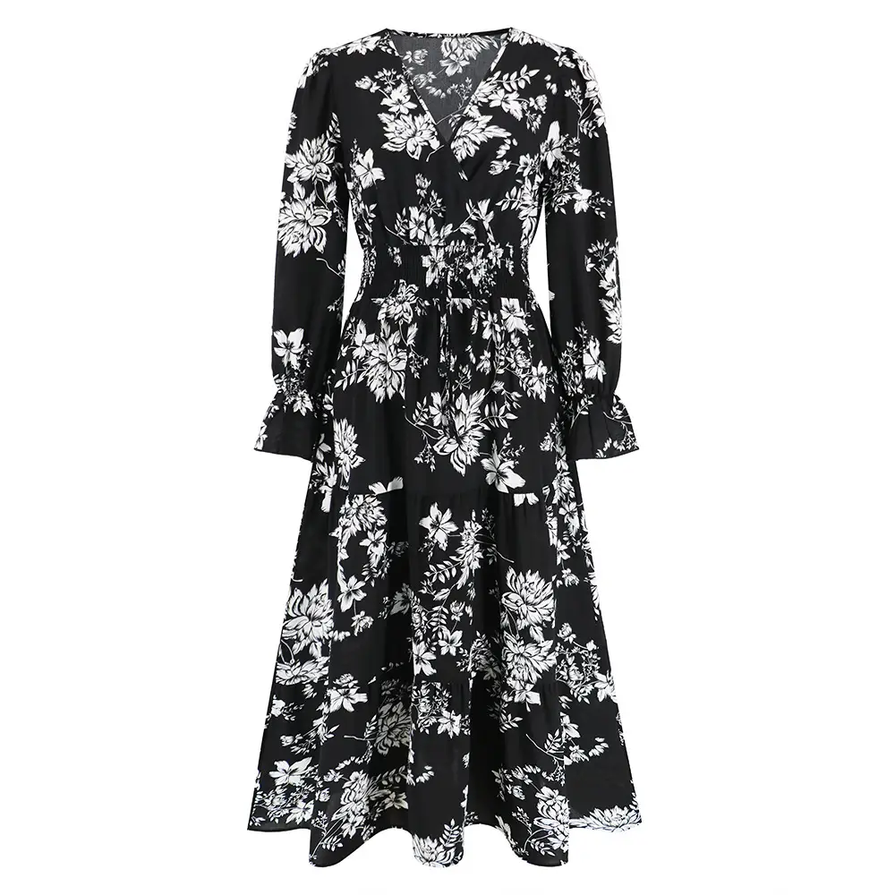 V-neck Waist Trimming Lace Up Long Sleeve Floral Dress