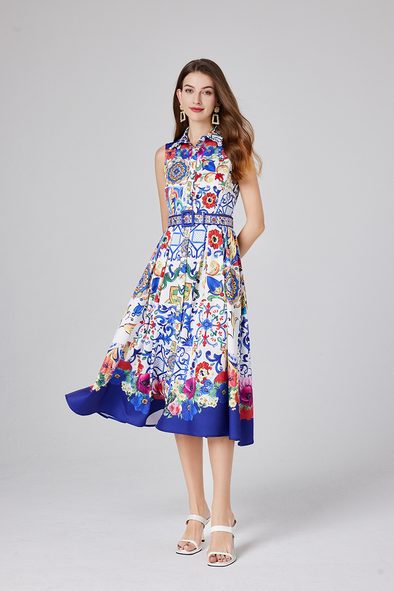 Summer New Women's Blue And White Porcelain Vintage Printing Dress