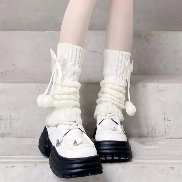 Bowknot Fur Ball Small Leg Protector Warm Bunching Socks White And White Bow - Shop at LoveMi