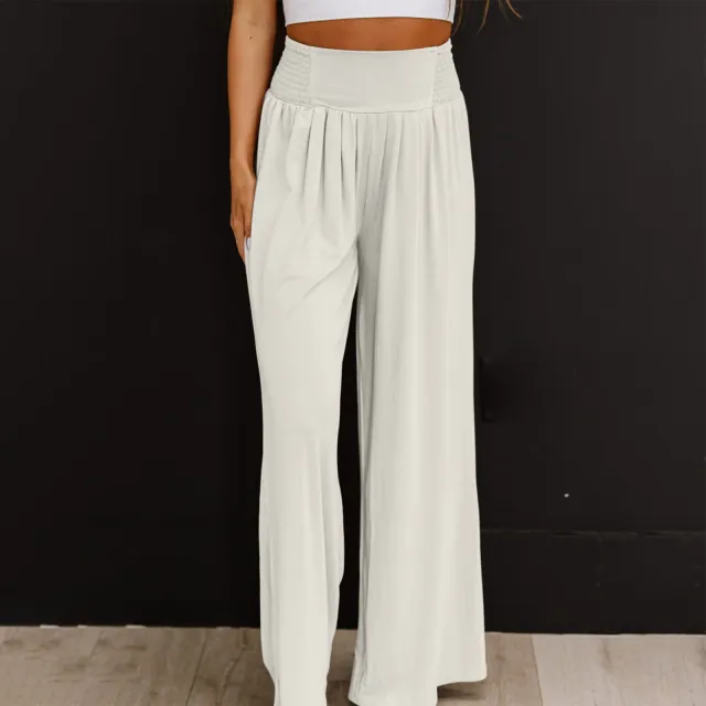 Women's Casual Cotton And Linen Smocking Distressed Mid waist Trousers White - Shop at LoveMi