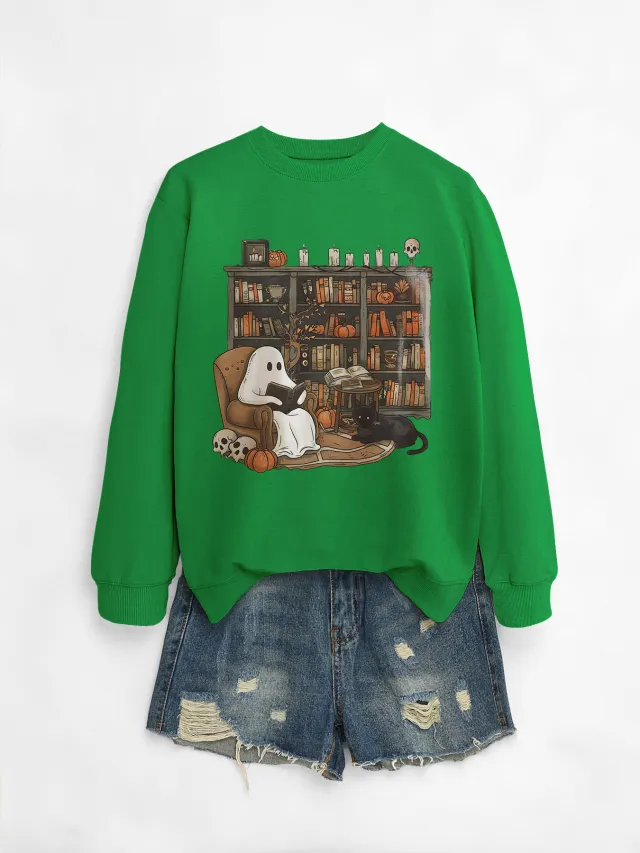 Printed Bookshelf Ghost Black Cat Round Neck Sweater Grass Green Sweater Color Map - Shop at LoveMi