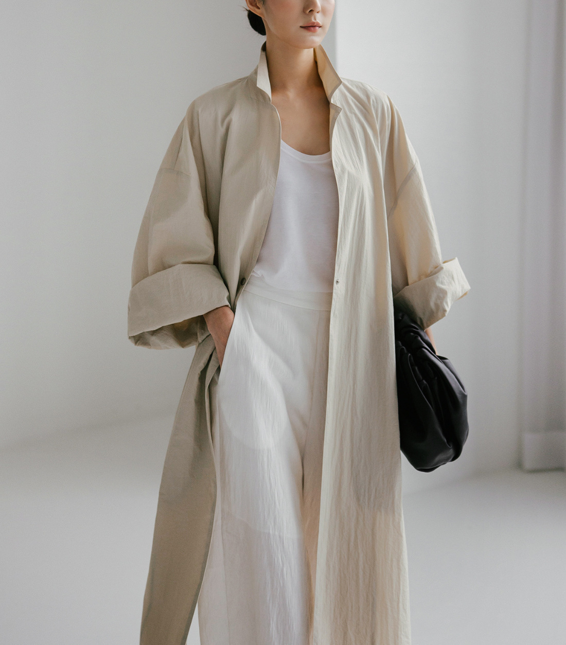 Shirt Dress Overknee Long Split Bf Cotton Linen Trench Coat Apricot - Shop at LoveMi
