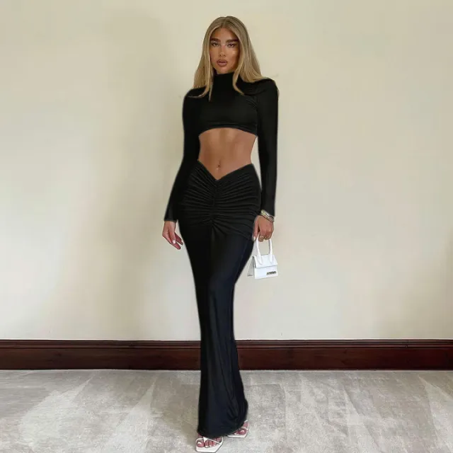 Solid Color Casual Long sleeved Turtleneck Top Long Skirt Suit Black - Shop at LoveMi