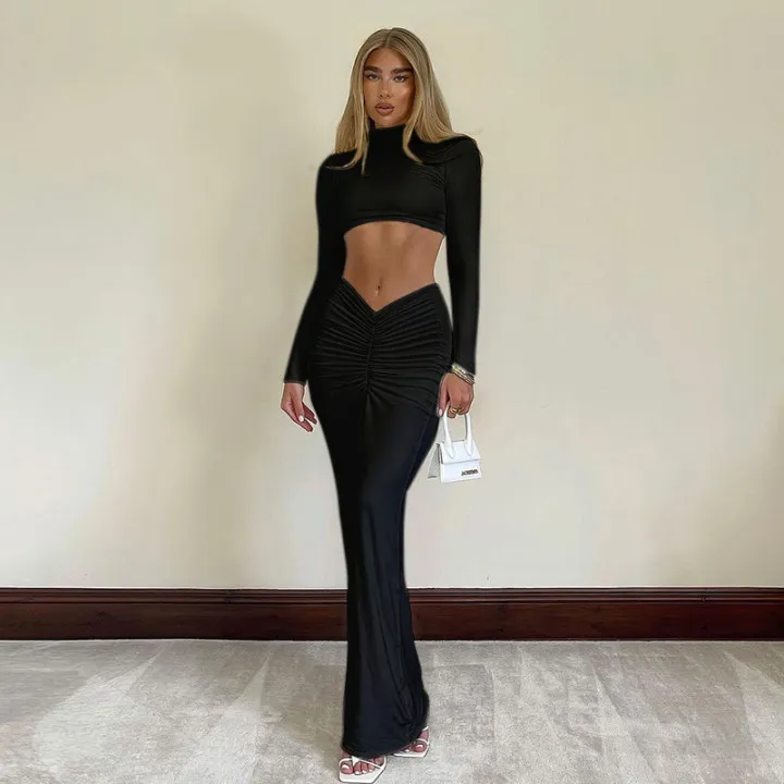 Solid Color Casual Long-sleeved Turtleneck Top Long Skirt Suit - Black