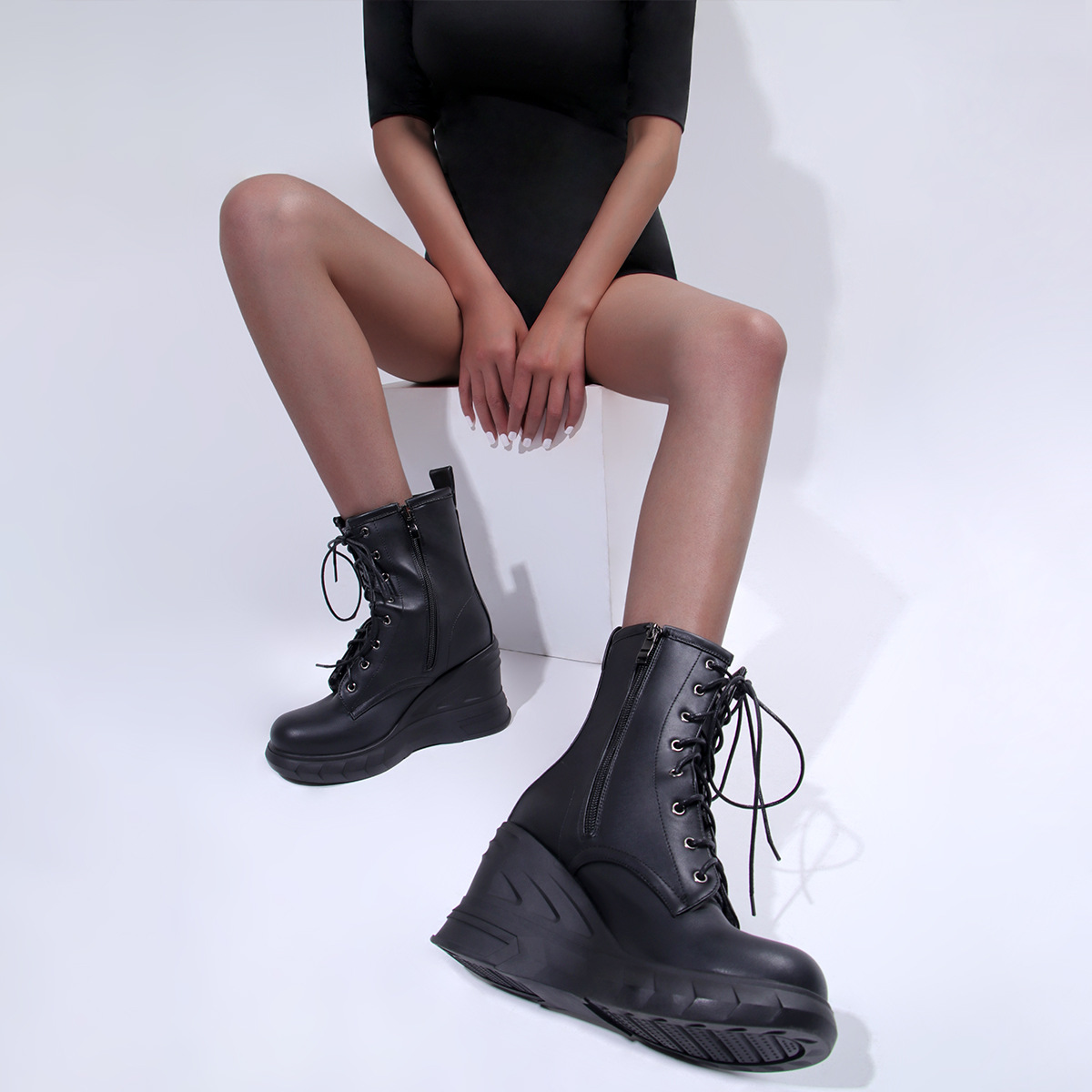Women's Simple Wedge Ankle Boots With Front Lacing