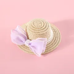 Pet Cat Lady Straw Hat Pearl Bow Woven - Purple Pearl Bow Hat - View 1