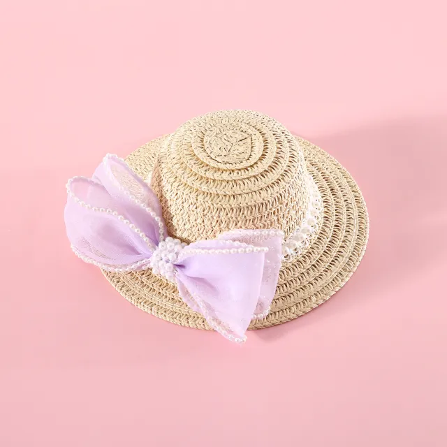 Pet Cat Lady Straw Hat Pearl Bow Woven Purple Pearl Bow Hat - Shop at LoveMi
