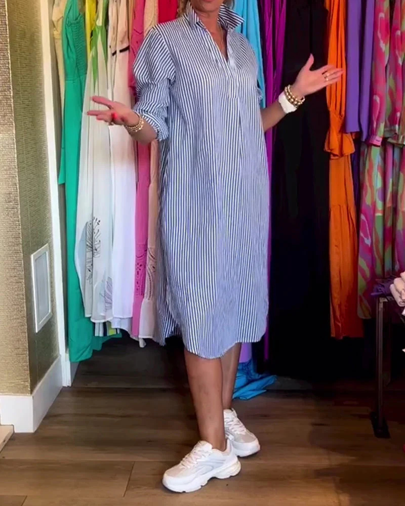 Women's V-neck Loose Split Stripes Dress
