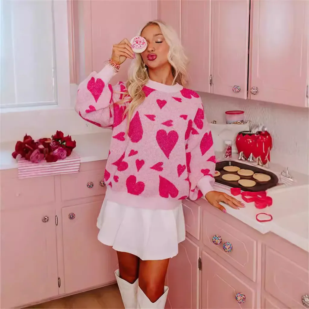 Round Neck Heart-shaped Two-colour Jacquard Pullover Sweet - Pink