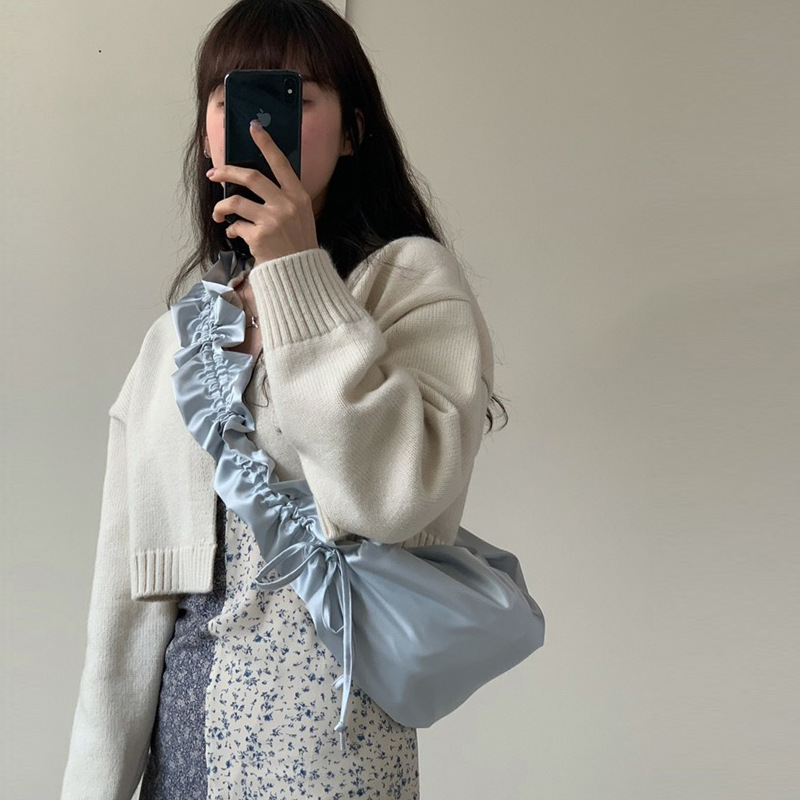 Underarm Satin Versatile Casual Pleated Lace Drawstring Design Large Capacity Shoulder Messenger Bag