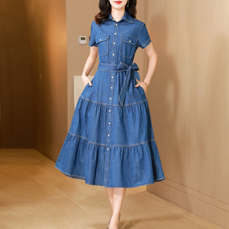 Cotton Large Hem Shirt Dress Long Skirt Denim Dress - Image 1