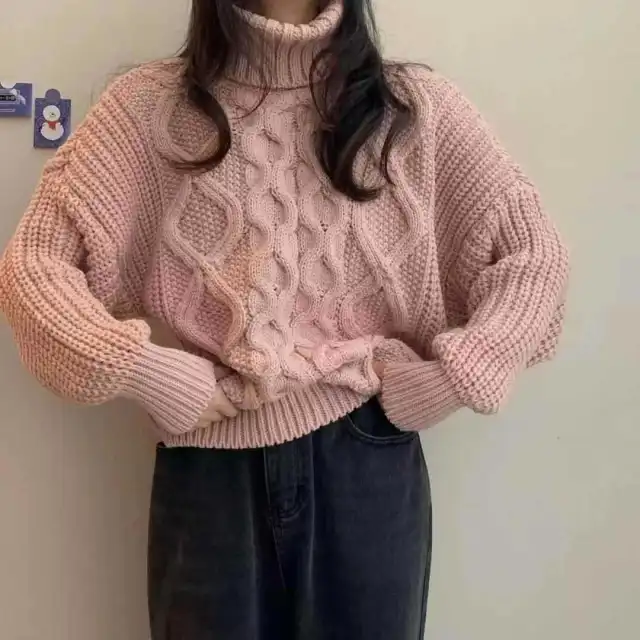 Retro Autumn And Winter Turtleneck Sweater Twisted Short Long sleeved Sweater Top Pink - Shop at LoveMi